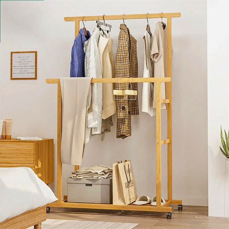 Free Standing Bamboo Double Hanging Clothes Organizer on Wheels_0