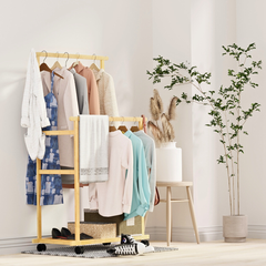 Free Standing Bamboo Double Hanging Clothes Organizer on Wheels_3