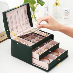 Multi Functional Three Layer Leather Drawer Style Jewelry Box Earrings Earrings Lock Jewelry Box_2