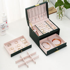 Multi Functional Three Layer Leather Drawer Style Jewelry Box Earrings Earrings Lock Jewelry Box_0