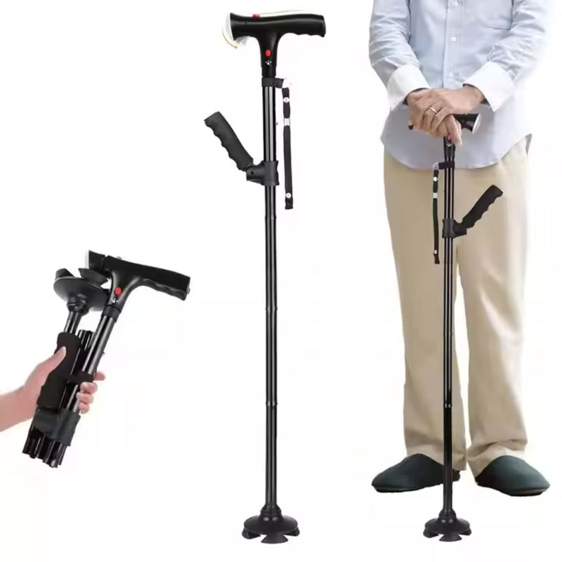 Height Adjustable Elderly Walking Stick with Voice Announcement LED Lights_0